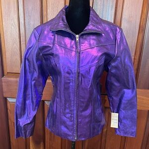 Maxima Wilsons NEW VTG Women Med Purple Metallic Leather Jacket Festival Rocker